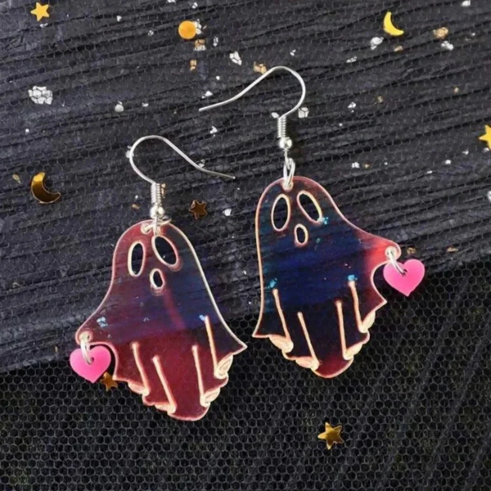 Cute multicolored luminous Halloween ghost with pink heart dangle drop earrings